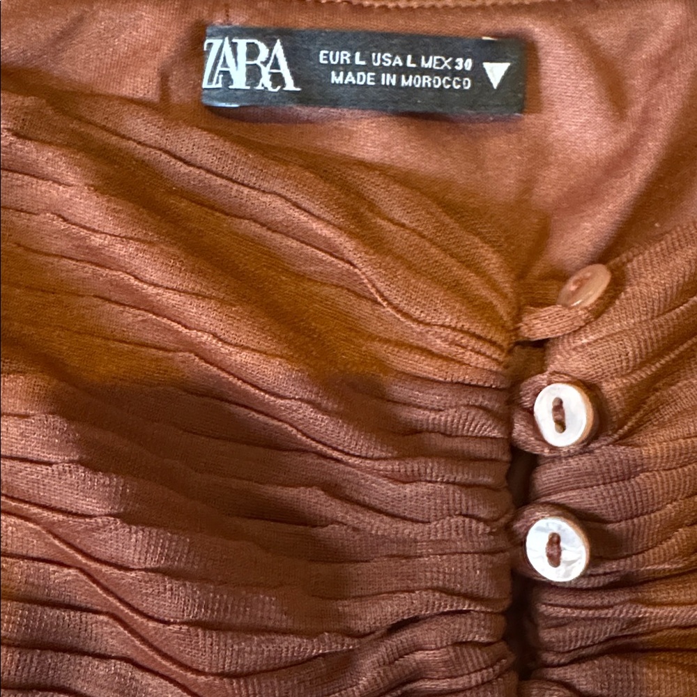 Zara Brown Pleated Long Sleeve Crop Top size-L - Picture 2 of 7